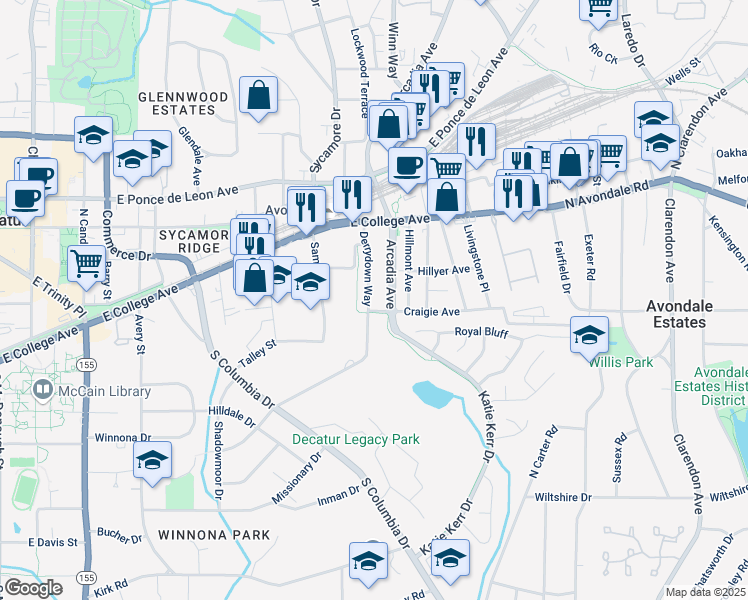 map of restaurants, bars, coffee shops, grocery stores, and more near 784 Derrydown Way in Decatur
