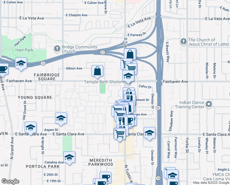 map of restaurants, bars, coffee shops, grocery stores, and more near 2602 North Tustin Avenue in Santa Ana