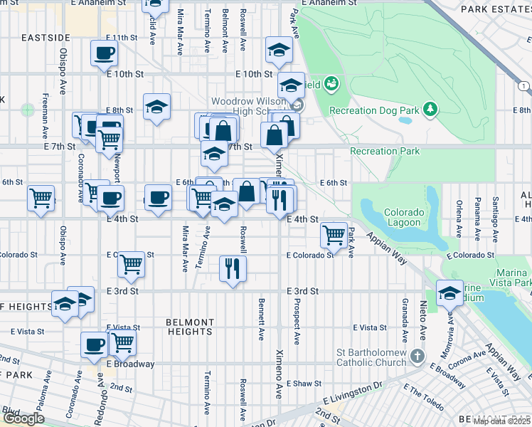 map of restaurants, bars, coffee shops, grocery stores, and more near 4307 East 4th Street in Long Beach