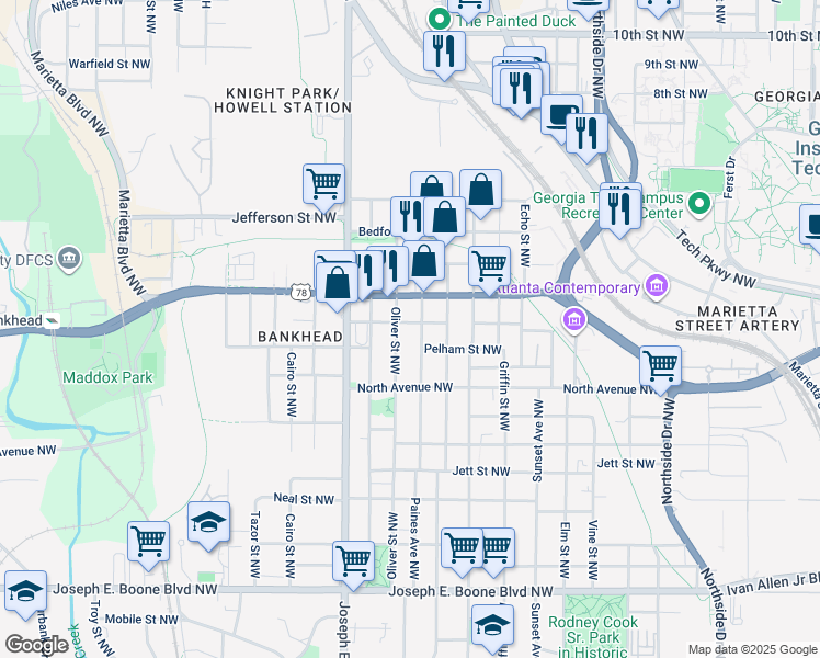 map of restaurants, bars, coffee shops, grocery stores, and more near 851 Fox Street Northwest in Atlanta