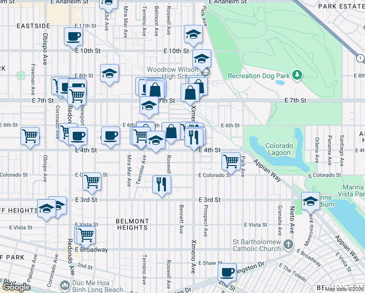 map of restaurants, bars, coffee shops, grocery stores, and more near 4228 East 5th Street in Long Beach