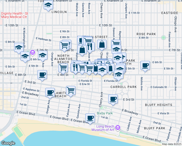map of restaurants, bars, coffee shops, grocery stores, and more near 1809 East 4th Street in Long Beach