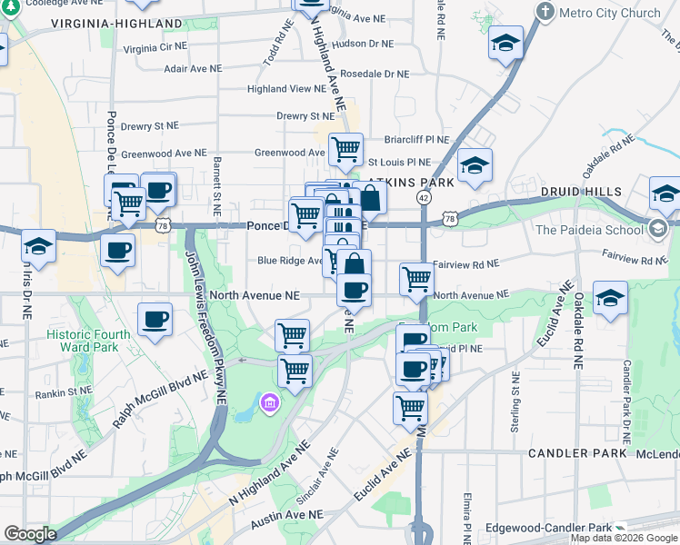 map of restaurants, bars, coffee shops, grocery stores, and more near in Atlanta