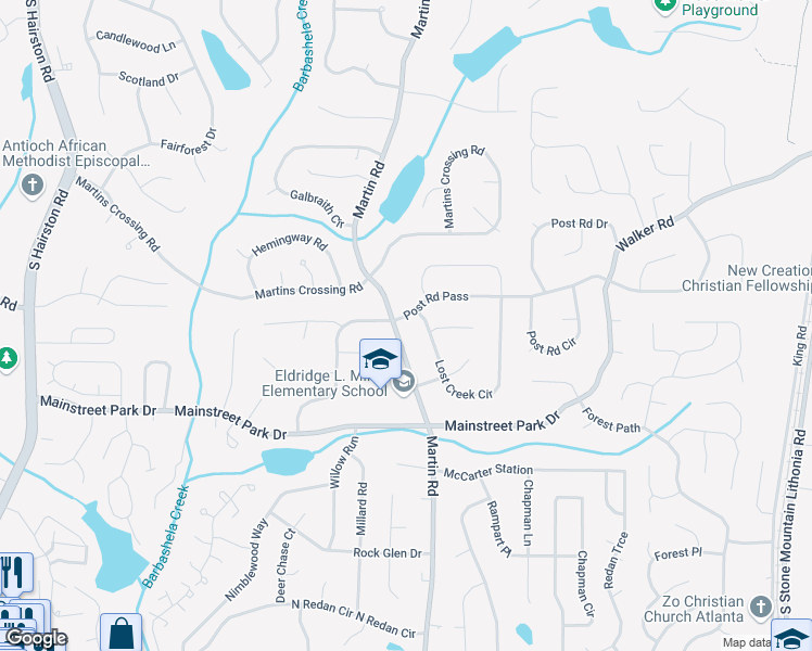 map of restaurants, bars, coffee shops, grocery stores, and more near 882 Martin Road in Stone Mountain