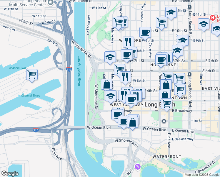 map of restaurants, bars, coffee shops, grocery stores, and more near 430 Golden Avenue in Long Beach