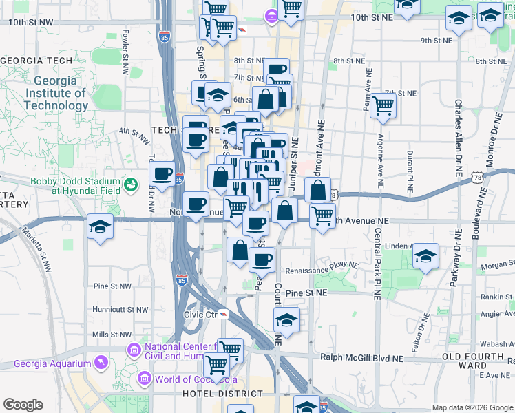map of restaurants, bars, coffee shops, grocery stores, and more near 640 West Peachtree Street Northwest in Atlanta