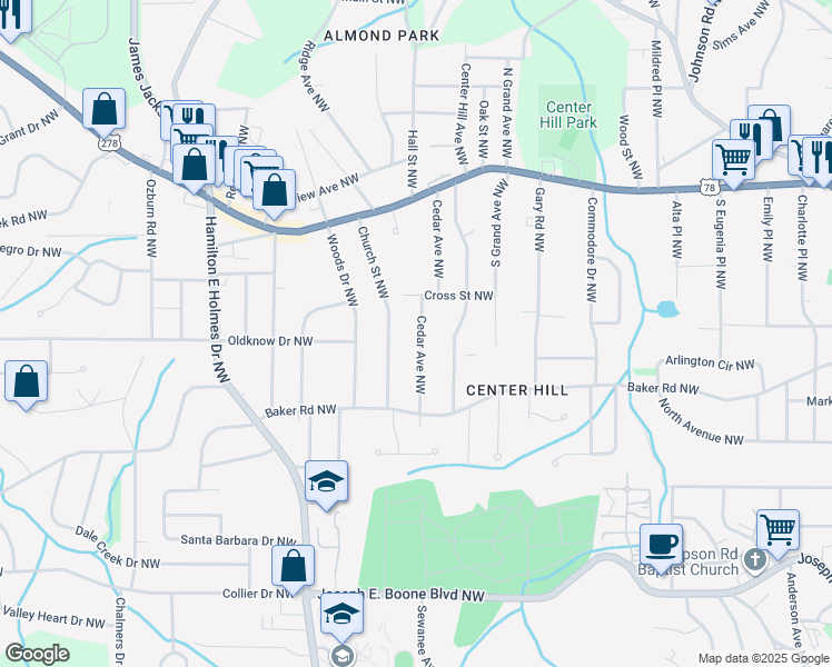 map of restaurants, bars, coffee shops, grocery stores, and more near 637 Church Street Northwest in Atlanta