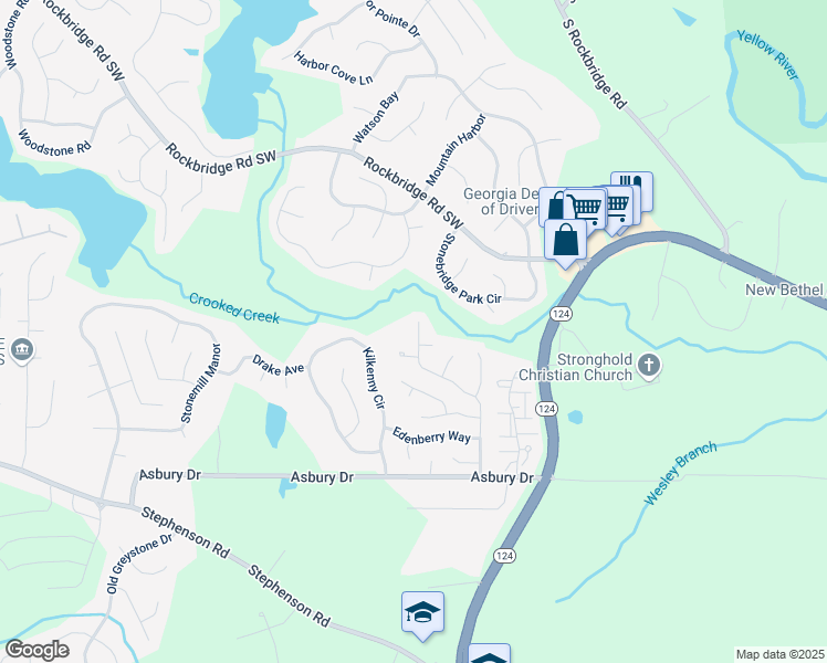 map of restaurants, bars, coffee shops, grocery stores, and more near 713 Asbury Way in Lithonia