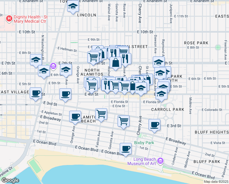 map of restaurants, bars, coffee shops, grocery stores, and more near 453 Gaviota Avenue in Long Beach
