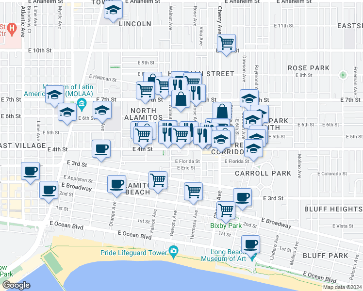 map of restaurants, bars, coffee shops, grocery stores, and more near 419 Gaviota Avenue in Long Beach