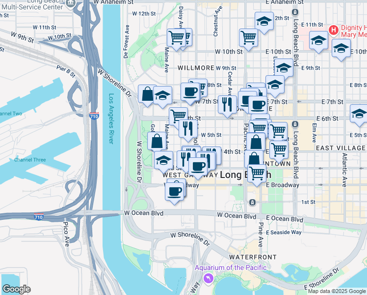 map of restaurants, bars, coffee shops, grocery stores, and more near 535 West 4th Street in Long Beach