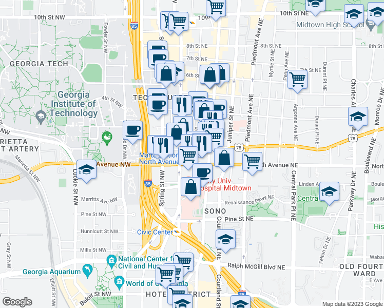 map of restaurants, bars, coffee shops, grocery stores, and more near in Atlanta