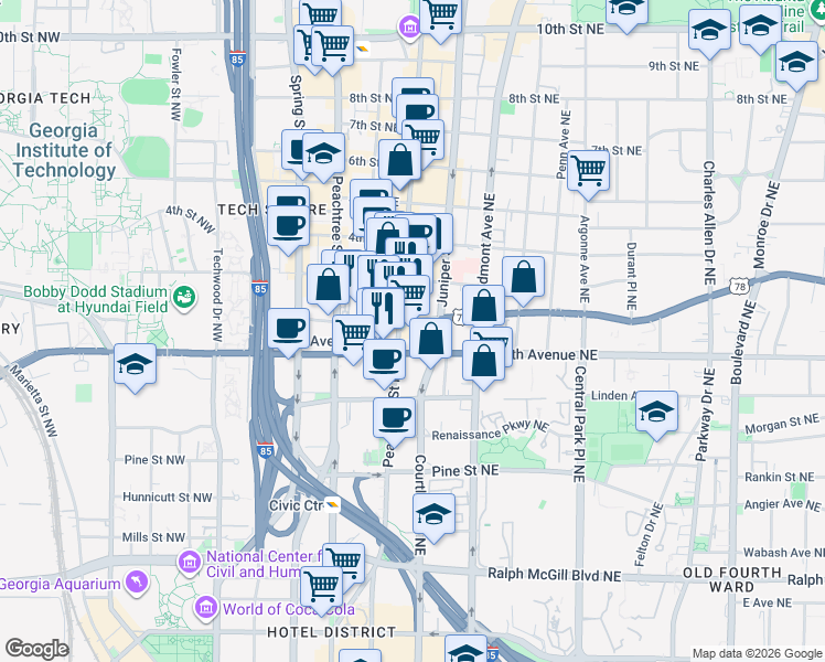 map of restaurants, bars, coffee shops, grocery stores, and more near 81 Ponce De Leon Avenue Northeast in Atlanta