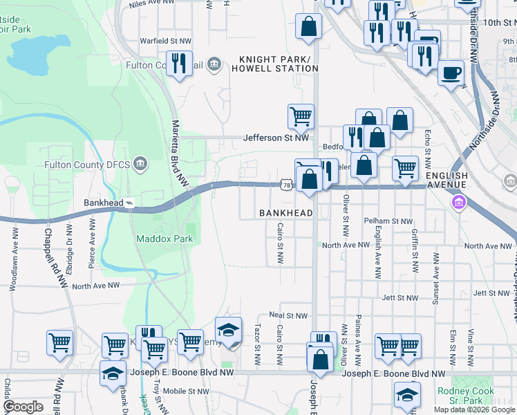 map of restaurants, bars, coffee shops, grocery stores, and more near 631 Etheridge Street Northwest in Atlanta
