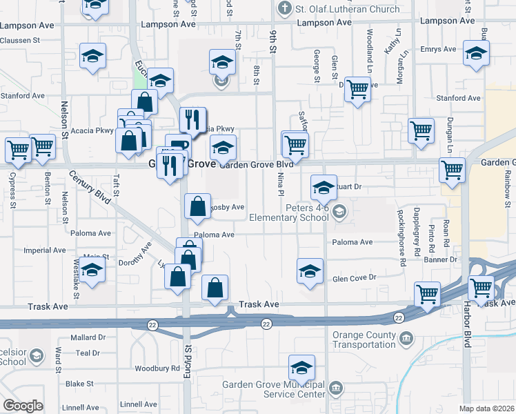 map of restaurants, bars, coffee shops, grocery stores, and more near 13112 Sandra Place in Garden Grove