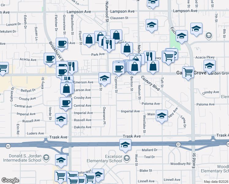 map of restaurants, bars, coffee shops, grocery stores, and more near 13122 Adland Street in Garden Grove