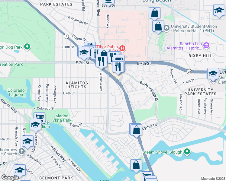 map of restaurants, bars, coffee shops, grocery stores, and more near 552 North Bellflower Boulevard in Long Beach