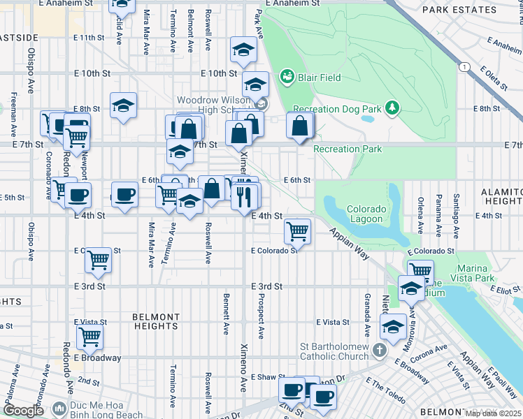 map of restaurants, bars, coffee shops, grocery stores, and more near 450 Tremont Avenue in Long Beach