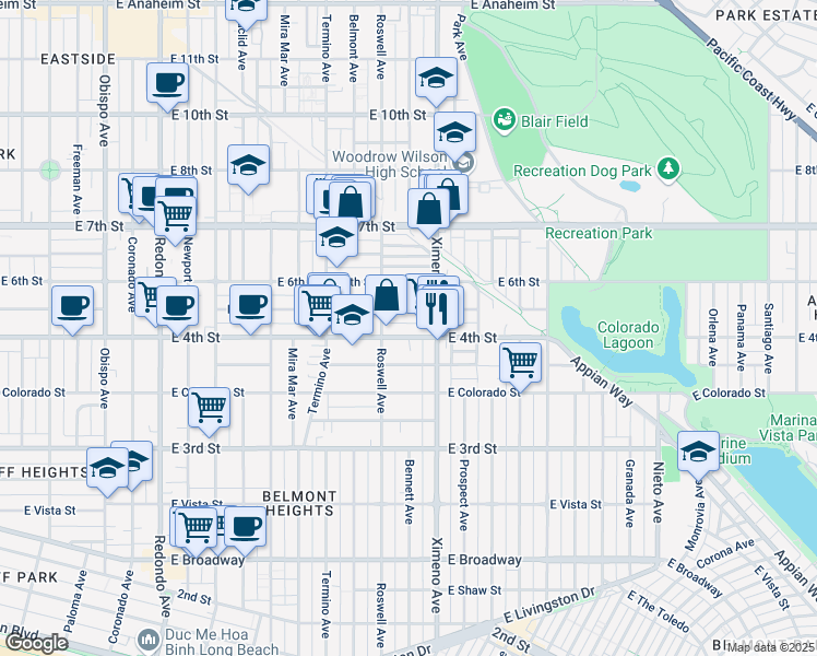 map of restaurants, bars, coffee shops, grocery stores, and more near 4228 East 5th Street in Long Beach