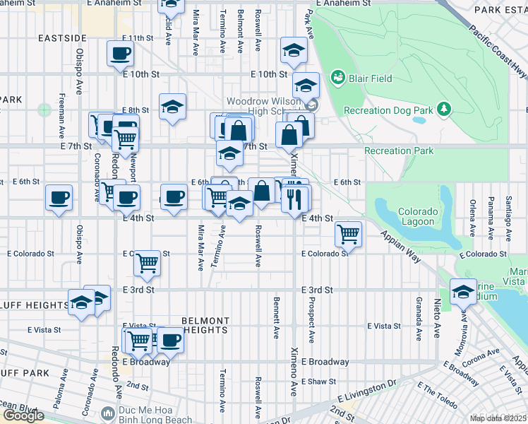 map of restaurants, bars, coffee shops, grocery stores, and more near 4228 East 5th Street in Long Beach
