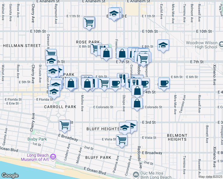 map of restaurants, bars, coffee shops, grocery stores, and more near 3010 East 5th Street in Long Beach