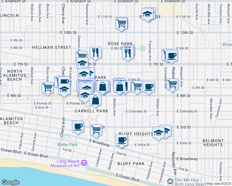 map of restaurants, bars, coffee shops, grocery stores, and more near 442 Molino Avenue in Long Beach