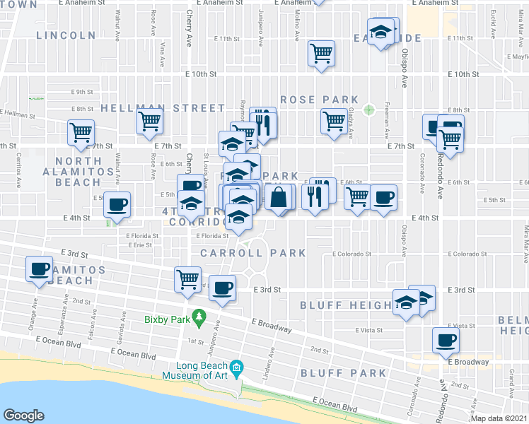 map of restaurants, bars, coffee shops, grocery stores, and more near 2444 East 5th Street in Long Beach