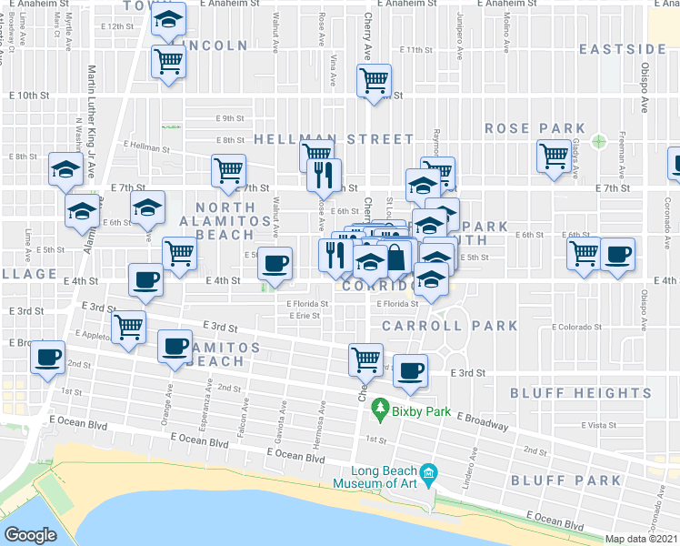map of restaurants, bars, coffee shops, grocery stores, and more near 426 Rose Place in Long Beach