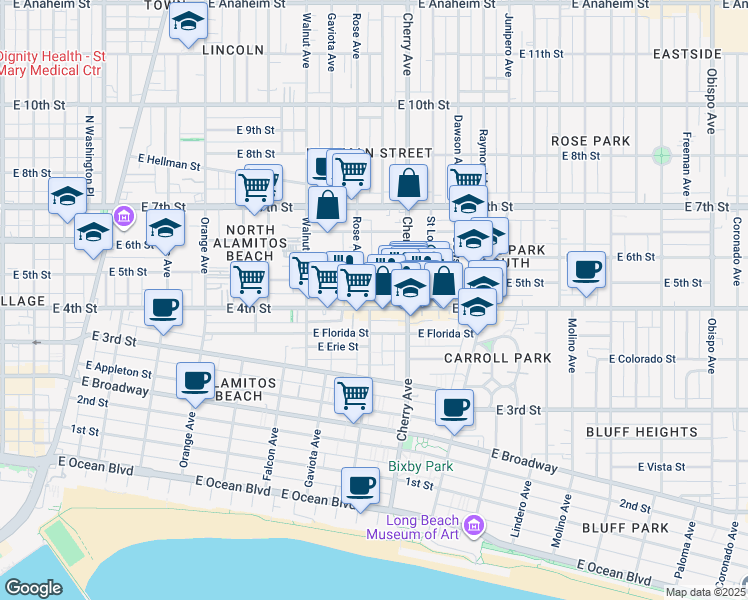 map of restaurants, bars, coffee shops, grocery stores, and more near 426 Rose Place in Long Beach