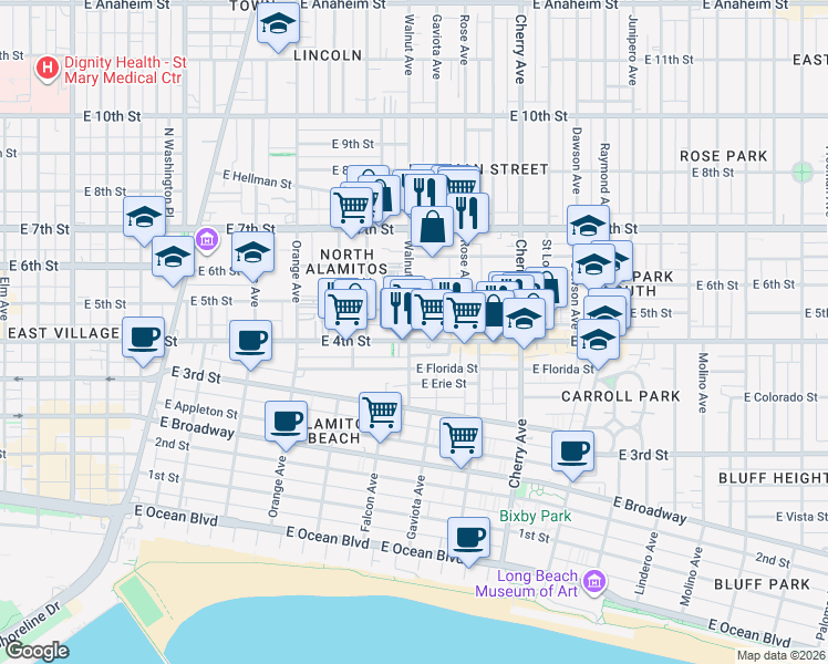 map of restaurants, bars, coffee shops, grocery stores, and more near 453 Gaviota Avenue in Long Beach