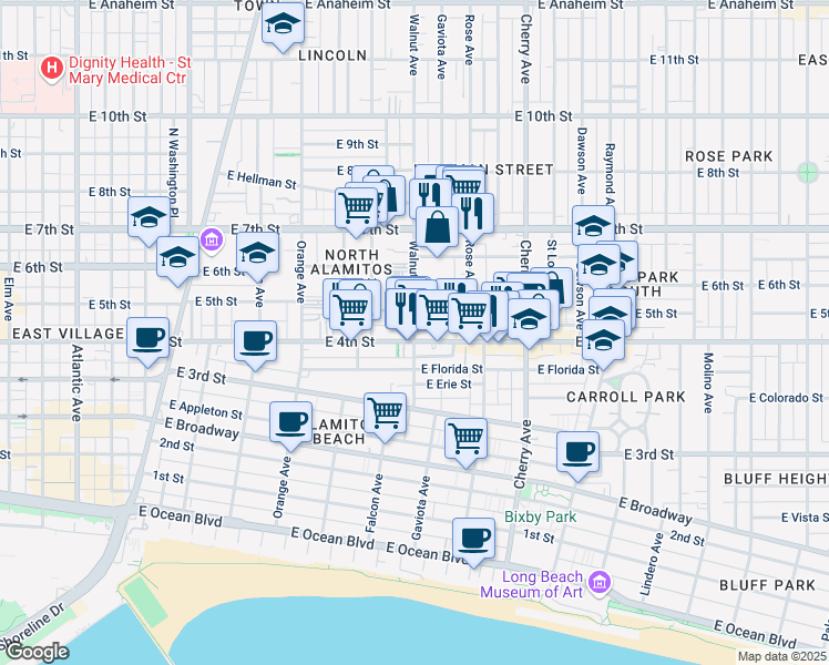 map of restaurants, bars, coffee shops, grocery stores, and more near 453 Gaviota Avenue in Long Beach