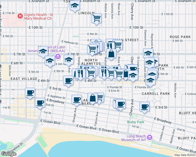 map of restaurants, bars, coffee shops, grocery stores, and more near 1506 East 5th Street in Long Beach