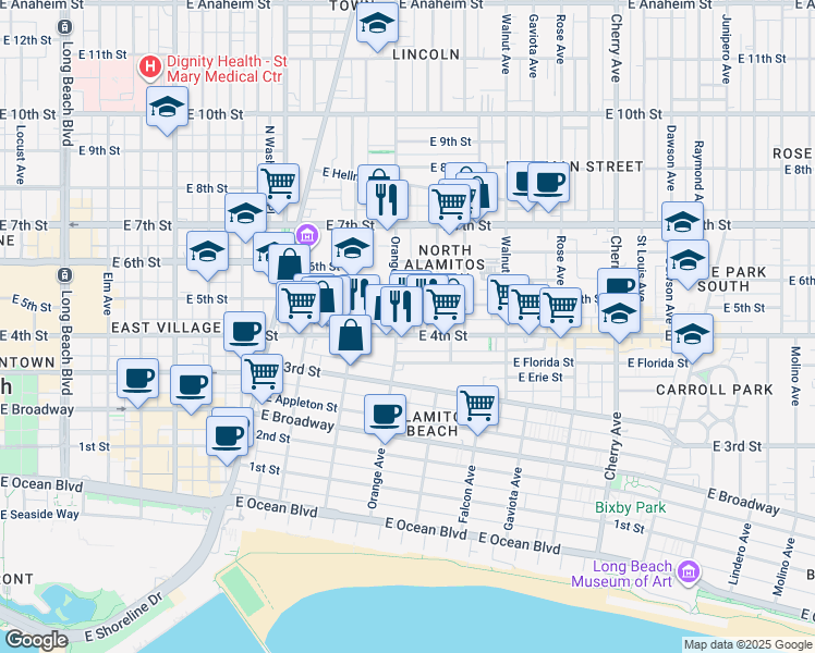 map of restaurants, bars, coffee shops, grocery stores, and more near 502 Orange Avenue in Long Beach