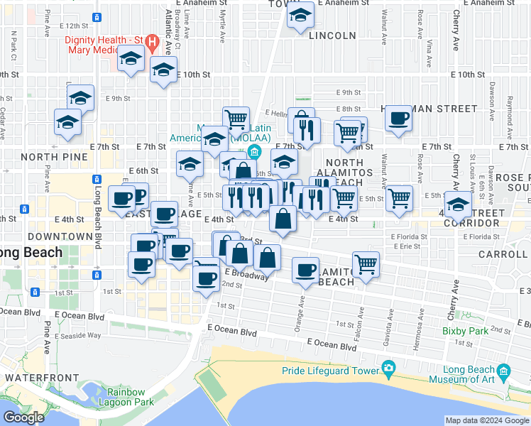 map of restaurants, bars, coffee shops, grocery stores, and more near in Long Beach