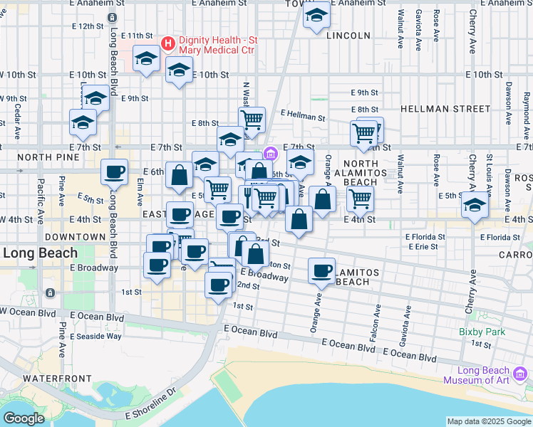 map of restaurants, bars, coffee shops, grocery stores, and more near 438 Zona Court in Long Beach