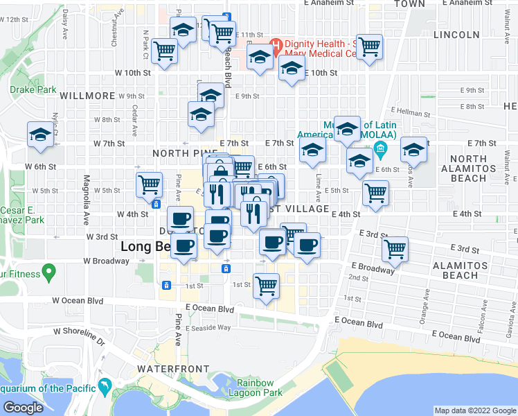 map of restaurants, bars, coffee shops, grocery stores, and more near 395 East 4th Street in Long Beach