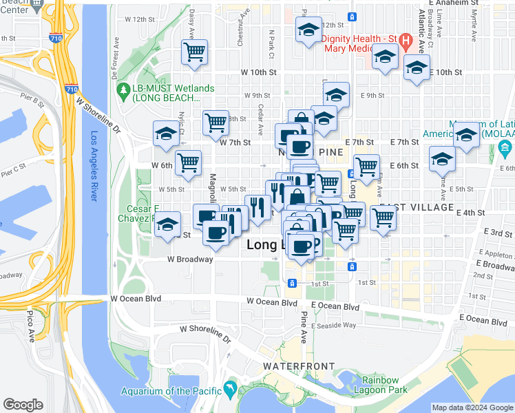 map of restaurants, bars, coffee shops, grocery stores, and more near 435 Cedar Avenue in Long Beach