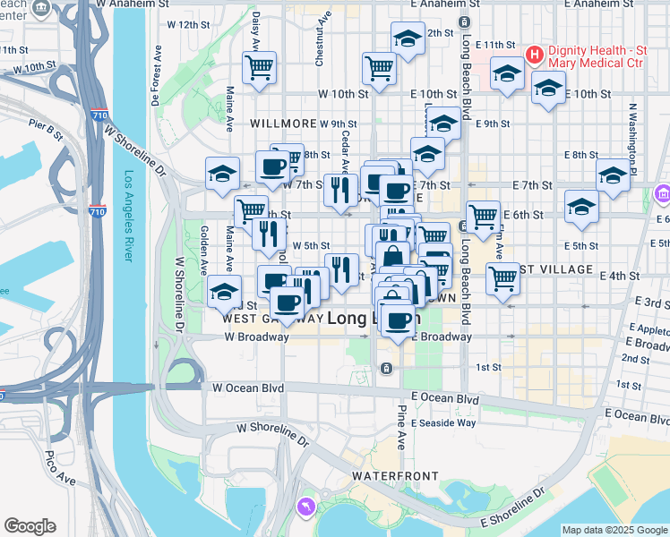 map of restaurants, bars, coffee shops, grocery stores, and more near 435 Cedar Avenue in Long Beach