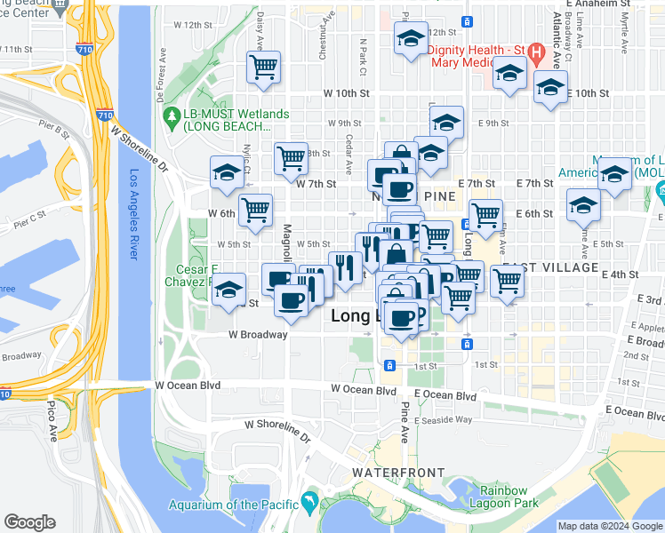 map of restaurants, bars, coffee shops, grocery stores, and more near 435 Cedar Avenue in Long Beach