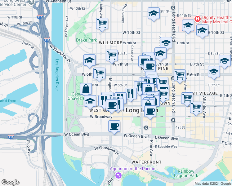map of restaurants, bars, coffee shops, grocery stores, and more near 445 Chestnut Avenue in Long Beach