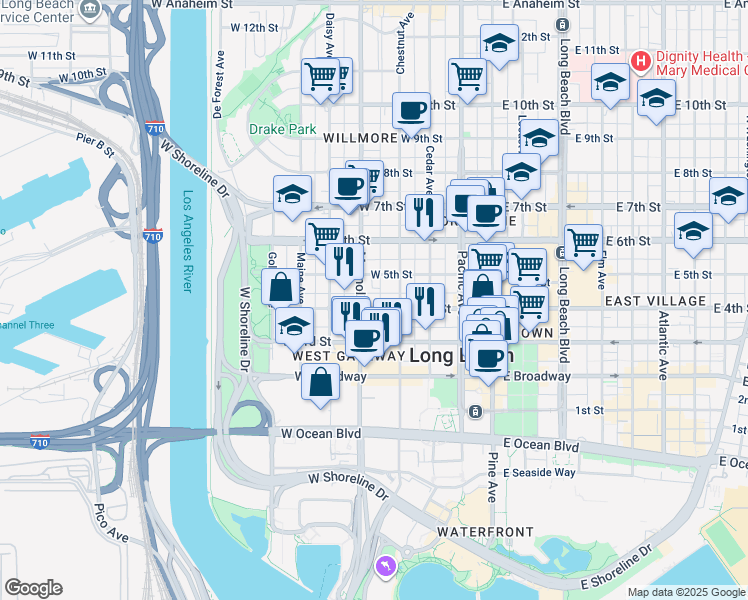map of restaurants, bars, coffee shops, grocery stores, and more near 445 Chestnut Avenue in Long Beach