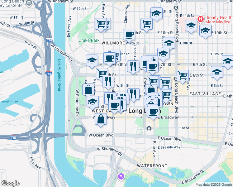 map of restaurants, bars, coffee shops, grocery stores, and more near 445 Chestnut Avenue in Long Beach