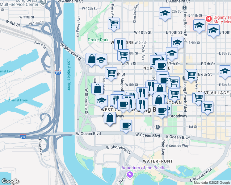 map of restaurants, bars, coffee shops, grocery stores, and more near 438 North Crystal Court in Long Beach