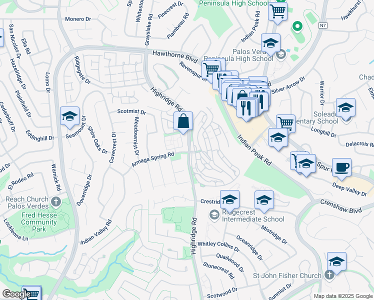 map of restaurants, bars, coffee shops, grocery stores, and more near 28441 Highridge Road in Rolling Hills Estates