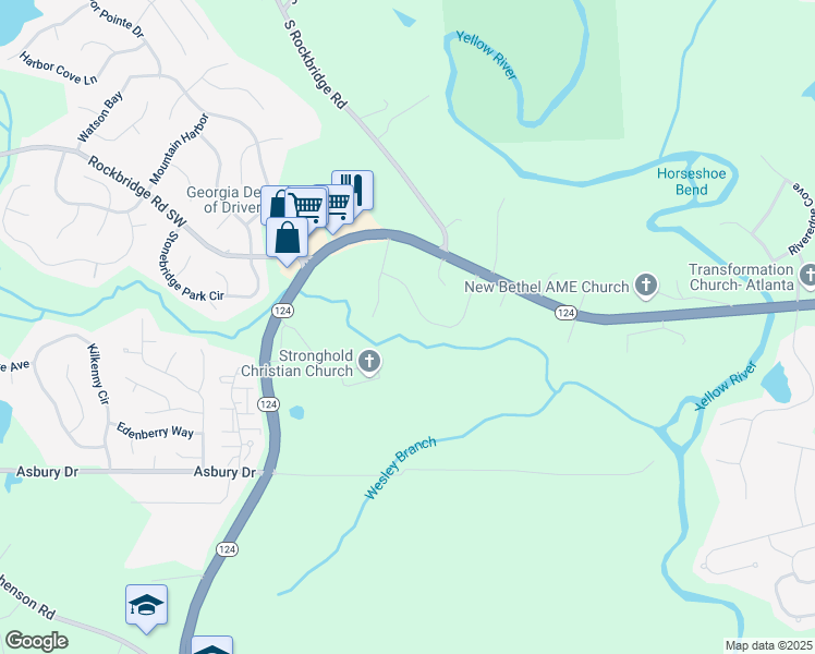map of restaurants, bars, coffee shops, grocery stores, and more near 7751 Horseshoe Bend in Lithonia