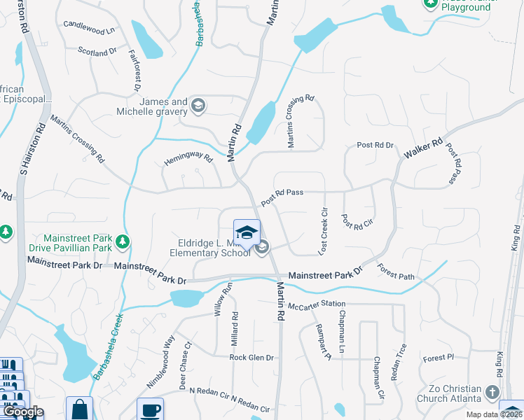 map of restaurants, bars, coffee shops, grocery stores, and more near 882 Martin Road in Stone Mountain