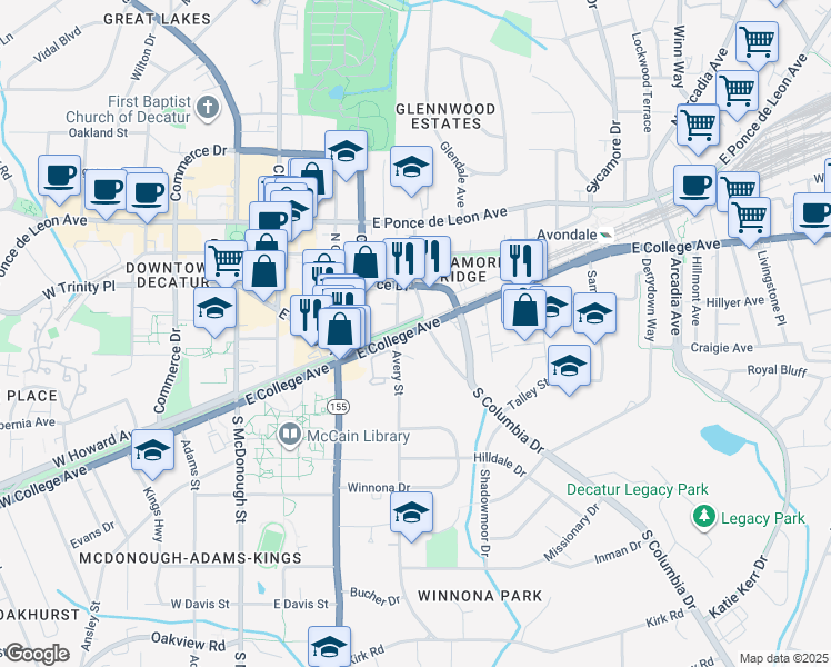 map of restaurants, bars, coffee shops, grocery stores, and more near in Decatur