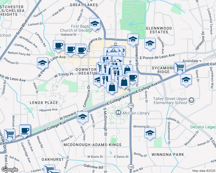 map of restaurants, bars, coffee shops, grocery stores, and more near 220 Church Street in Decatur