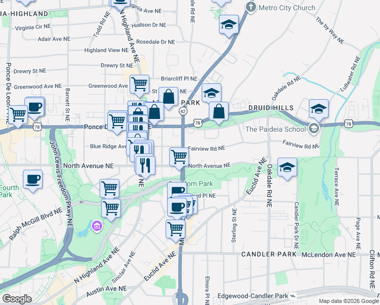 map of restaurants, bars, coffee shops, grocery stores, and more near 1191 Fairview Road Northeast in Atlanta