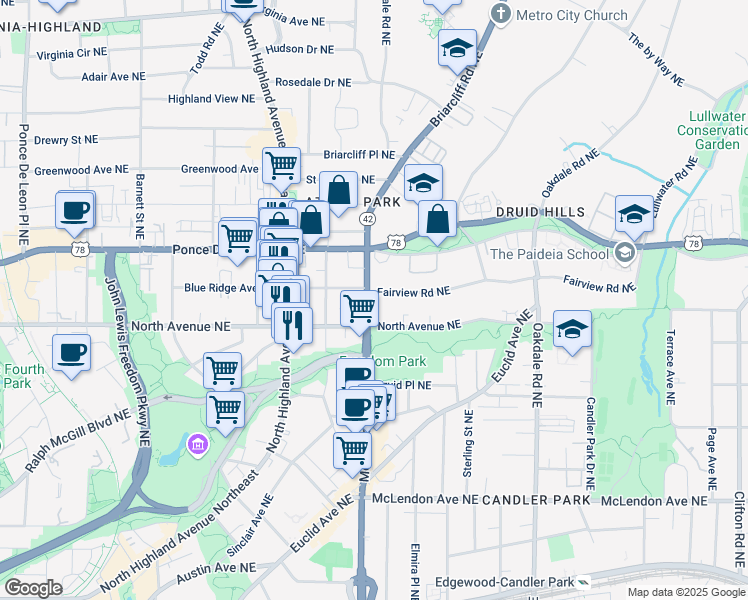 map of restaurants, bars, coffee shops, grocery stores, and more near 1181 Fairview Road Northeast in Atlanta